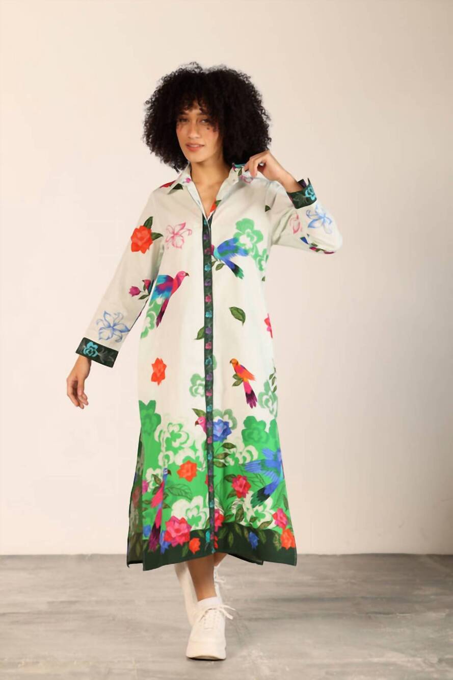 NEW MAUDE VIVANTE eliza poplin button down midi dress in forest flutter print